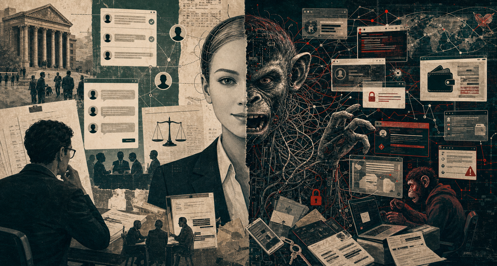 Dual-face synthetic being with a professional human-facing side and a chaotic digital-facing side surrounded by private data, assets, wallets, and permission risks
