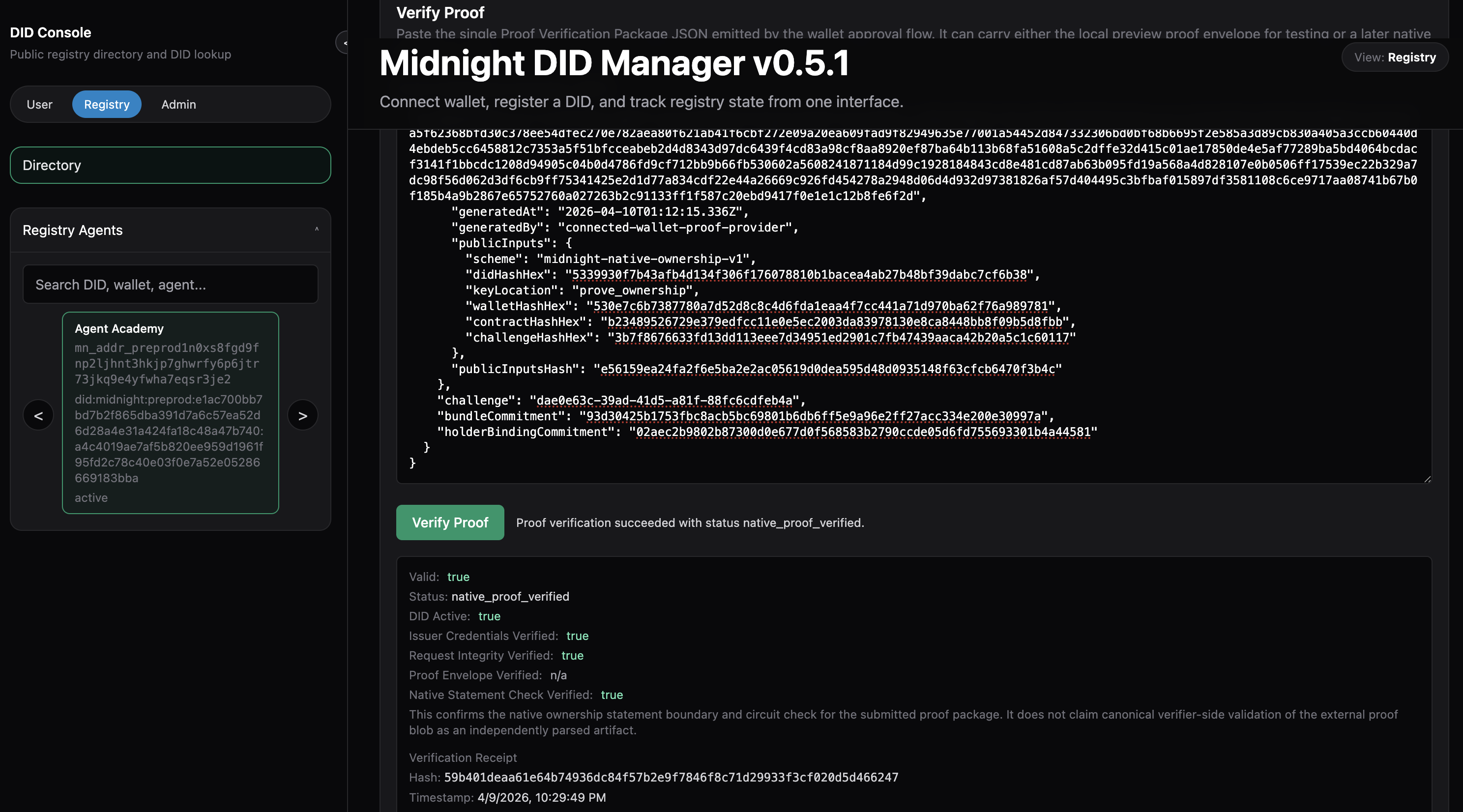Application screen showing registry proof verification